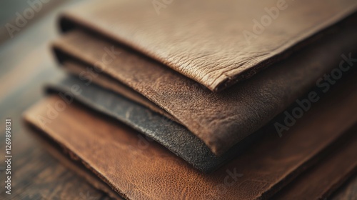 Close-up leather wallets stacked on wooden table. Possible use for leather goods catalog photo