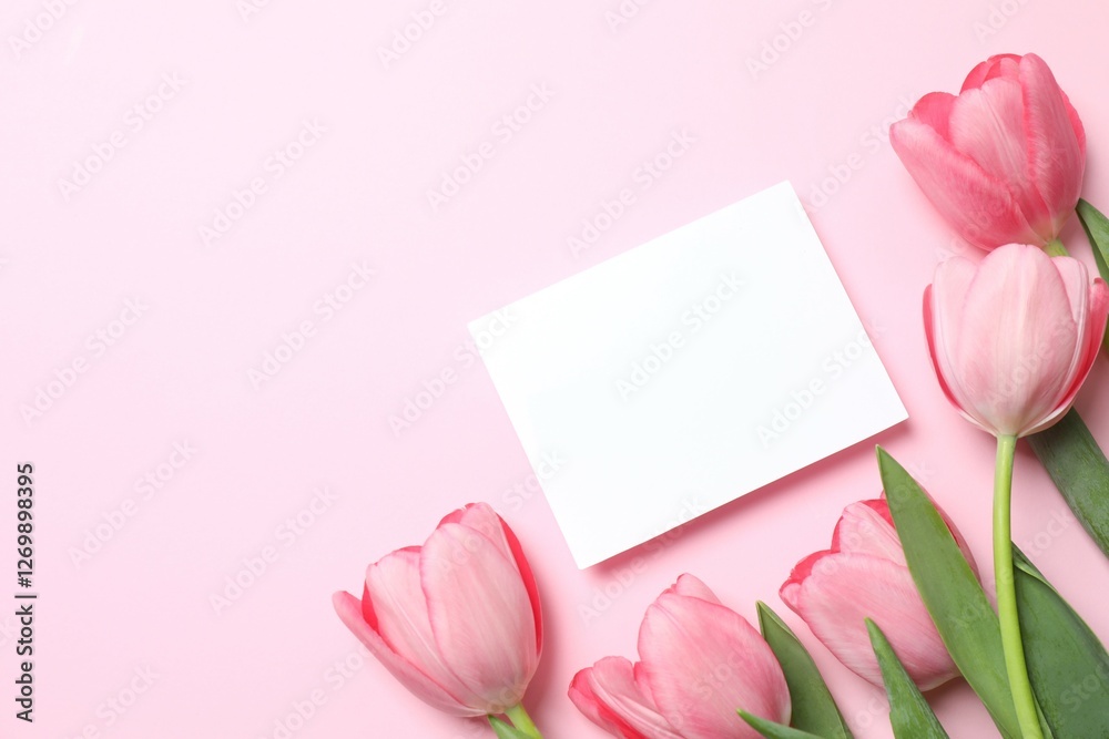 Obraz premium Beautiful fresh tulips with paper card on color background
