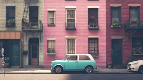 Colorful city street with vintage car