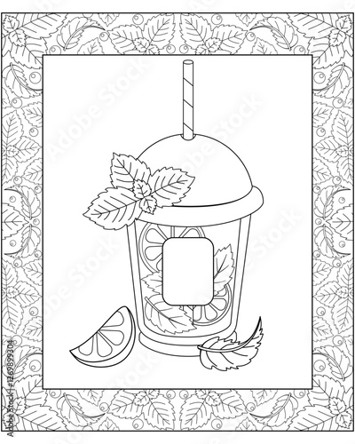 A glass with a mojito closed with a lid, lime and mint - a vector linear picture in a frame for coloring. Outline. Disposable glass with lid and drinking straw. Summer cocktail for coloring