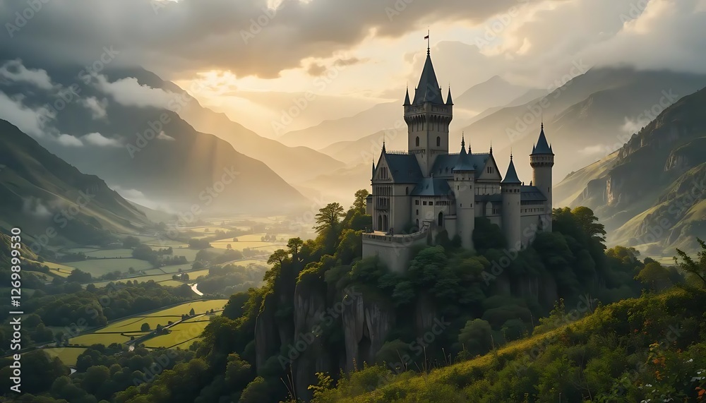 grand medieval castle overlooking a vast green valley, surrounded by misty mountains. grand medieval castle overlooking a vast green valley, surrounded by misty mountains.