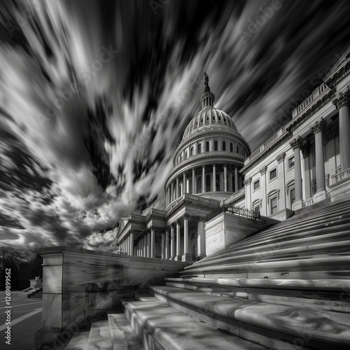 
A majestic and awe-inspiring image of the United States Capitol Building. The building should be captured from a perspective that highlights its grandeur and architectural details. The sky could be c photo