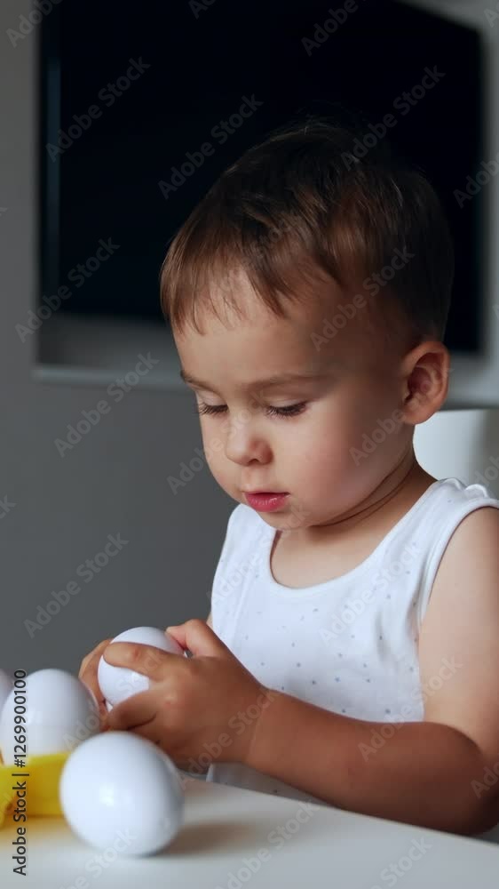 Lovely Caucasian toddler sits at desk playing with toy eggs. Kid opens the toy and taps with it. Vertical video Lovely Caucasian toddler sits at desk playing with toy eggs. Kid opens the toy and taps with it. Vertical video