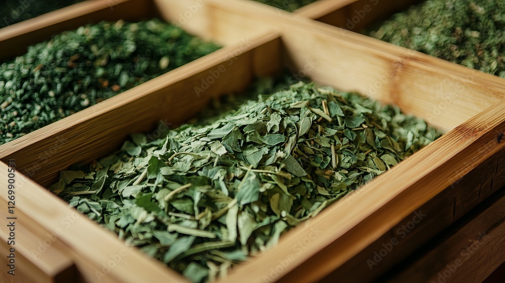Dried Green Tea Leaves in Wooden Box Herbal Tea Collection Natural Organic Product Premium Quality Healthy Lifestyle Ingredient Fresh Green Aromatic Dried Green Tea Leaves in Wooden Box Herbal Tea Collection Natural Organic Product Premium Quality Healthy Lifestyle Ingredient Fresh Green Aromatic