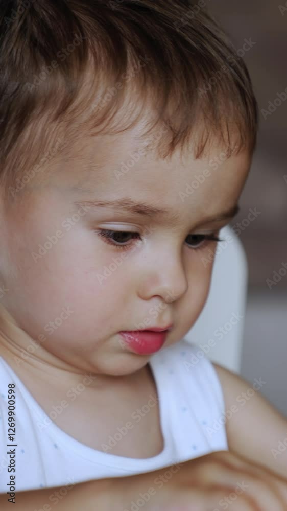 Adorable Caucasian toddler is busy with a game. Kid holds a toy and talks to himself. Close up. Vertical video Adorable Caucasian toddler is busy with a game. Kid holds a toy and talks to himself. Close up. Vertical video