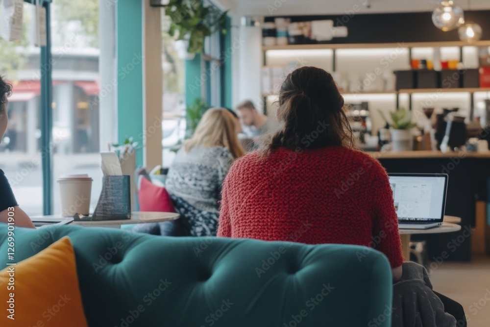 Obraz premium Cozy cafe workspace with people socializing and working on laptops in a modern urban setting