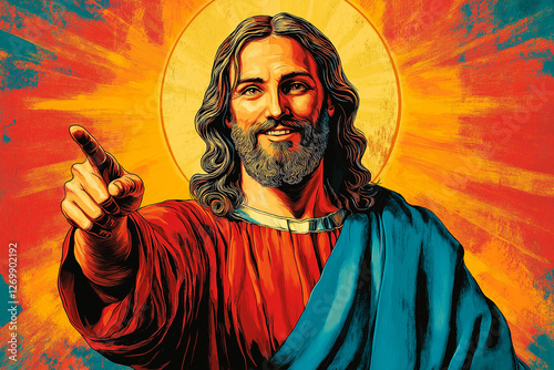Jesus pointing, vibrant, religious art.