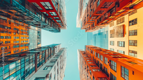 Surreal kaleidoscopic view of towering buildings. Mirrored Infinity Towers. Illustration