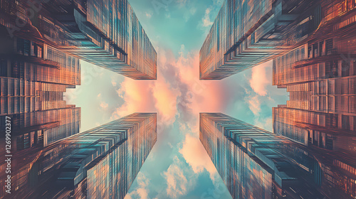 Surreal kaleidoscopic view of towering buildings. Mirrored Infinity Towers. Illustration