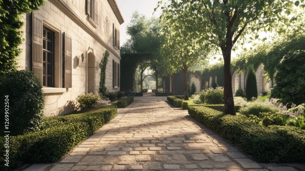 Fototapeta premium Elegant stone pathway, French country home, gardens, sunny day, peaceful retreat, ideal for real estate, property display