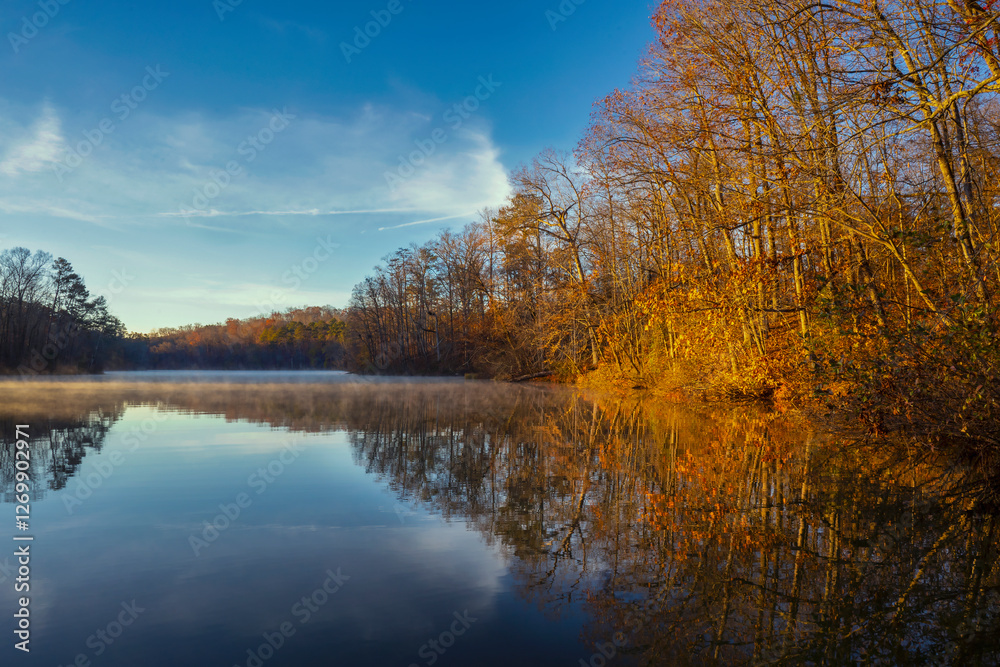 Obraz premium The morning sun casts a warm glow on the autumn trees along the banks of Chief McIntosh Lake in Indian Springs State Park in Georgia. The blue sky, clouds and trees reflect in the calm water.