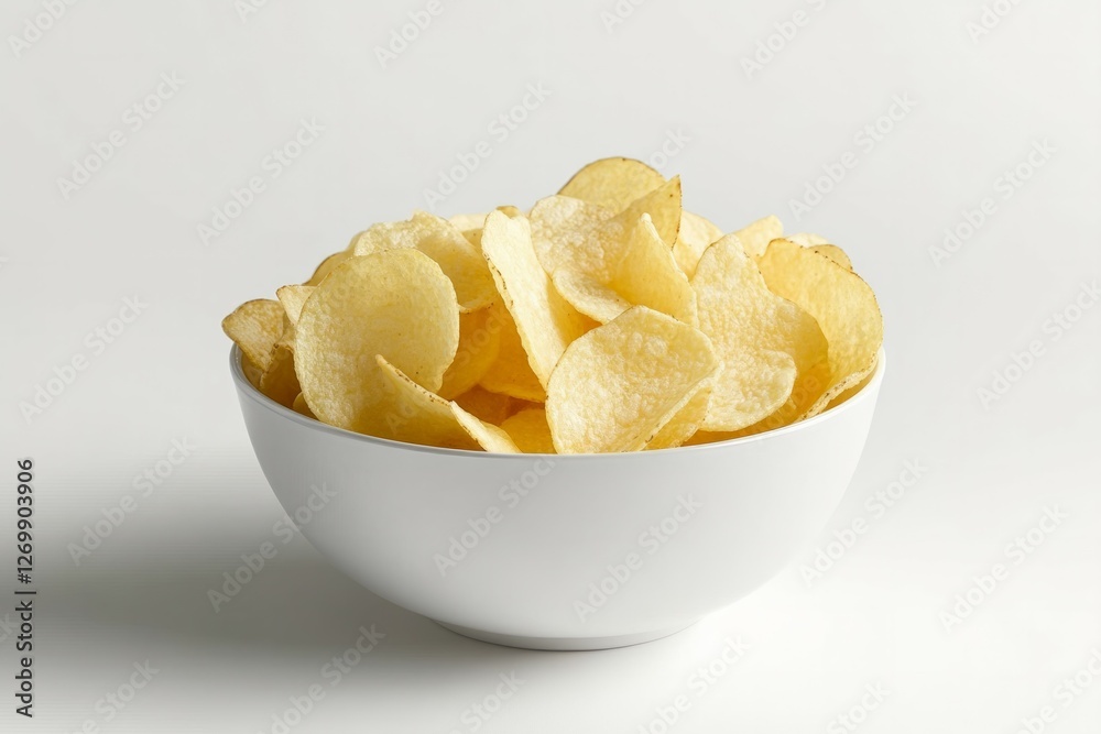 Bowl of crispy potato chips on white surface. Neural network AI generated Bowl of crispy potato chips on white surface. Neural network AI generated