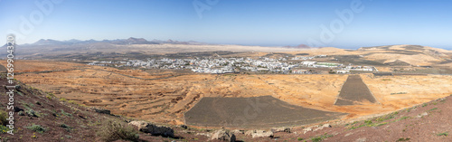 Panoramic view looking down over Teguise from Castillo Santa Barbara on  Mount Guanapay in Lanzarote, Spain on 10 February 2025