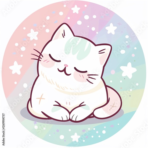 Adorable digital illustration of a sleeping cat surrounded by a pastel starry background

