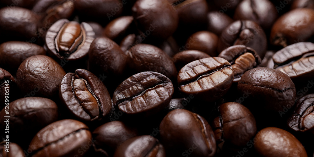 Obraz premium Frisch geröstete Kaffeebohnen – Intensive Farben und glänzende Oberfläche in Makroaufnahme