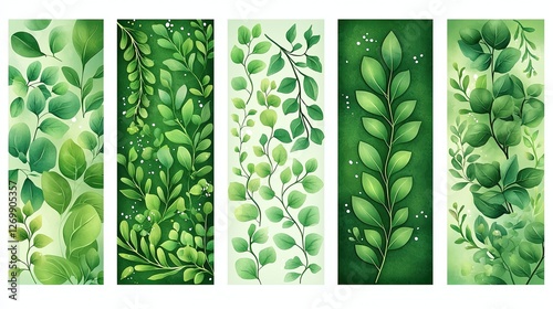 Five Vertical Panels Displaying Lush Green Foliage Designs