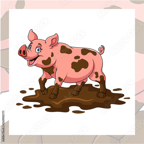 Cartoon funny pig in the mud