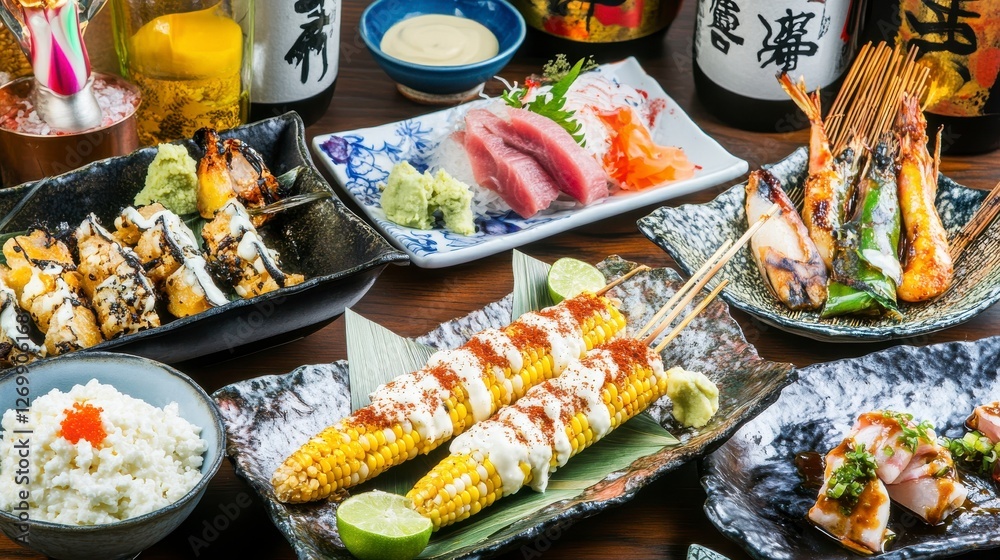 Fototapeta premium A Feast of Japanese Cuisine: Exquisite Seafood, Grilled Corn, and More