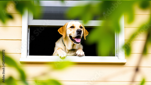 The dog wants to go for a walk. The Labrador is looking at the street from the window of the house. In the yard, there are fresh spring foliage on the trees.