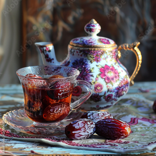 A simple yet elegant image of dates and tea, presented in a visually appealing way. The dates should be arranged artfully, showcasing their natural texture and color. The tea could be served in a trad photo