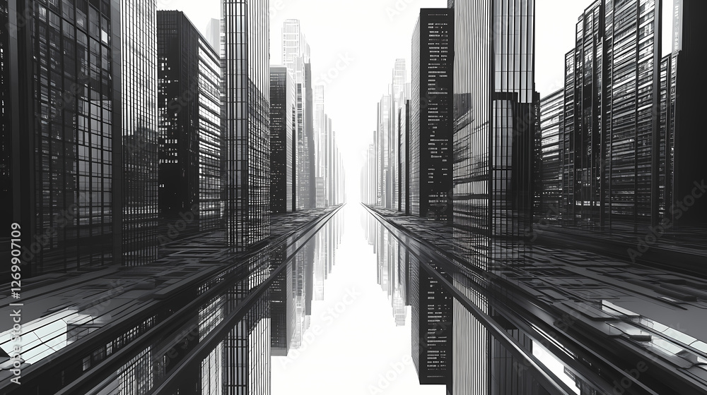 Fototapeta premium Futuristic cityscape: endless skyscrapers in monochrome metropolis. Mirrored Infinity Towers. Illustration