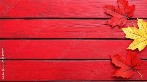 Autumn leaves on red wooden planks; seasonal backdrop; flat lay