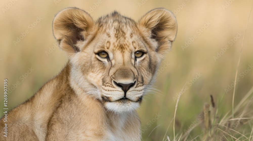 Lion Cub Portrait in Savanna. Possible use Wildlife, nature Lion Cub Portrait in Savanna. Possible use Wildlife, nature