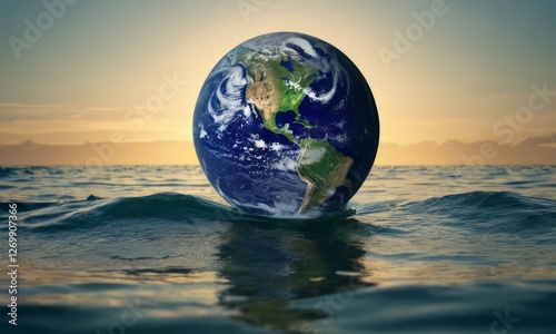 A stunning visualization of Earth floating above tranquil ocean waters at sunset, reflecting a sense of peace and unity.