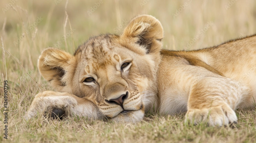 Lion Cub Resting in Grassy Savannah Lion Cub Resting in Grassy Savannah