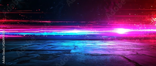 Stock image featuring a background gaming scene with abstract neon sci-fi themes, cyberpunk elements, red and blue tones, and dynamic technology