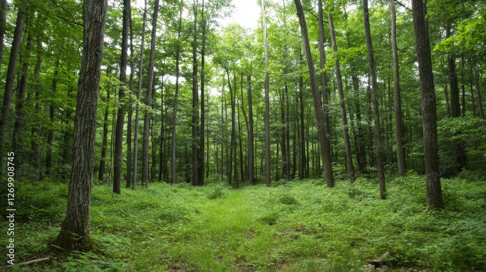 Lush green forest with tall trees and vibrant undergrowth, creating a serene natural environment Lush green forest with tall trees and vibrant undergrowth, creating a serene natural environment