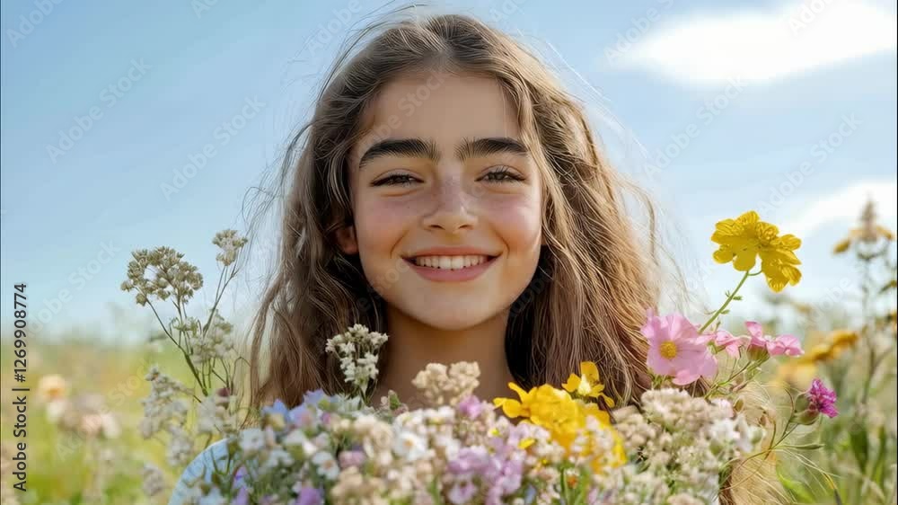 A cheerful Caucasian girl, child, with freckles, smiles radiantly while holding a bouquet of wildflowers. This joyful scene evokes the spirit of Akitu, the Assyrian New Year. A cheerful Caucasian girl, child, with freckles, smiles radiantly while holding a bouquet of wildflowers. This joyful scene evokes the spirit of Akitu, the Assyrian New Year.