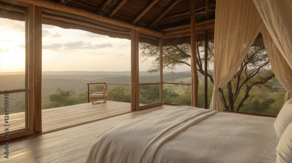 Fototapeta premium Luxurious Elevated Bedroom with Panoramic Sunrise View