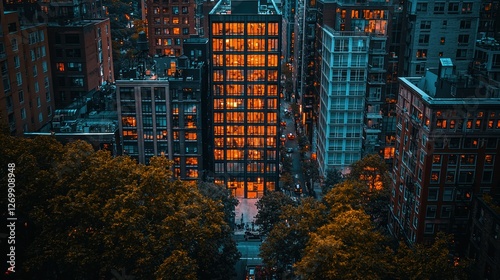 Illuminated city building at dusk, aerial view photo