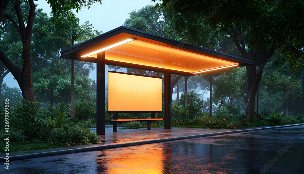 Modern bus stop with illuminated billboard in scenic urban park setting at dusk