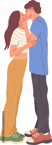 Happy couple. Man and woman hugging each other, expressing love, affection, support. Full height illustration of people, pastel color.