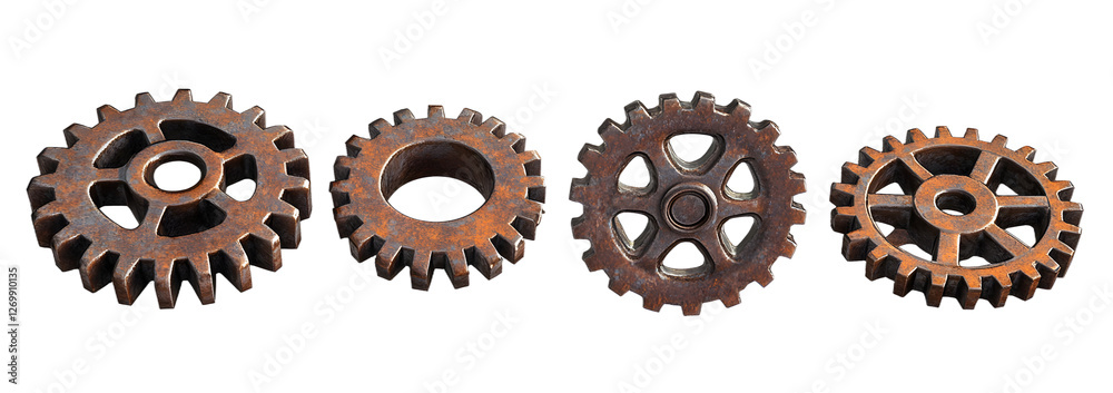 Rusty gears set isolated on transparent background, old metal gears for machinery and industry Rusty gears set isolated on transparent background, old metal gears for machinery and industry