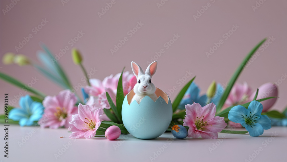 Charming springtime bunny surrounded by delicate flowers and pastel eggshell in a serene setting Charming springtime bunny surrounded by delicate flowers and pastel eggshell in a serene setting
