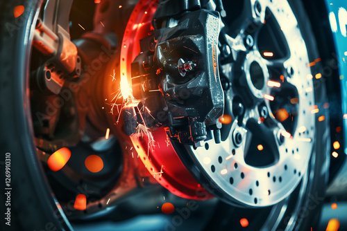 Close-up of brake disc and caliper with sparks flying during a high-performance stop.