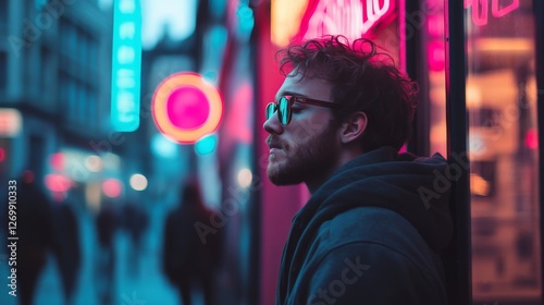 Man leaning against building at night in city with vibrant neon lights. Possible use Stock photo for urban lifestyle, night scenes, or fashion photo