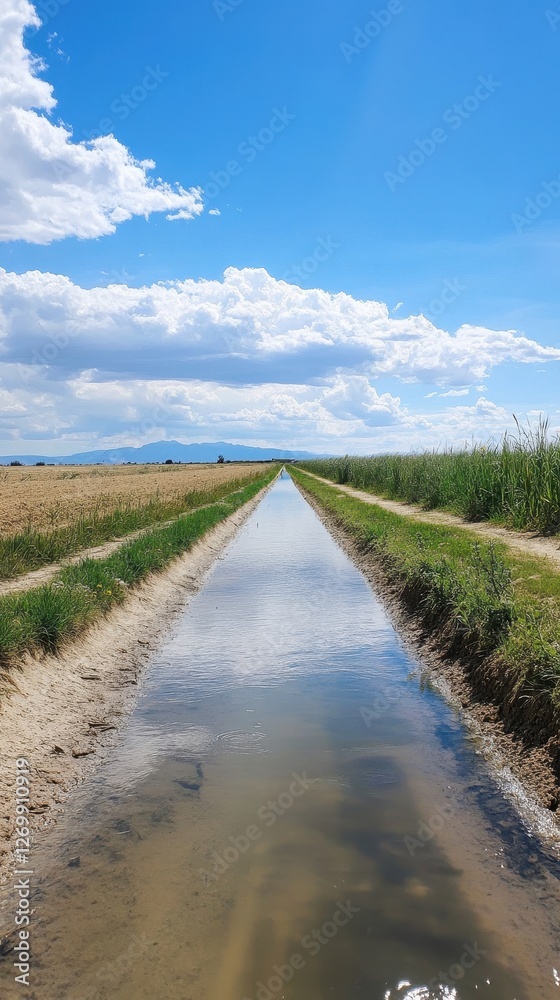 Fototapeta premium Tranquil Irrigation Canal Under a Summer Sky
