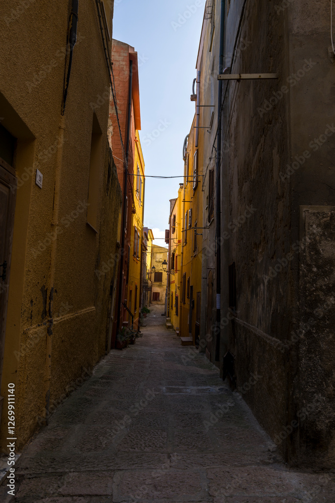 Fototapeta premium The alleys of the historic city center in Castelsardo in Europe, Italy, Sardinia, Castelsardo, in summer, on a sunny day.
