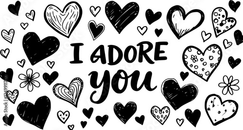 Transparent PNG available
Crayon drawn linear and silhouette hearts collection. Romantic phrase I adore you. Modern pencil calligraphy and cute childish hearts. Vector design elements for cards, notes