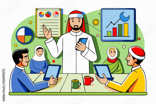 Arab business meeting with diverse professionals discussing financial growth