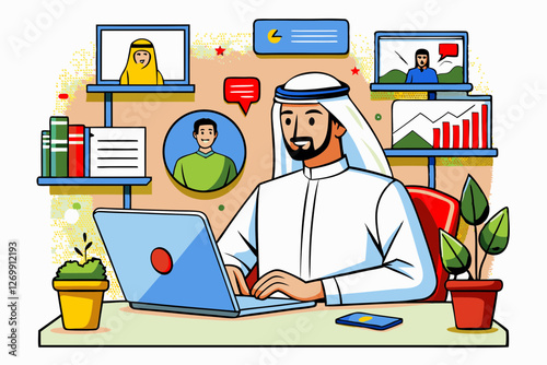 Arab remote worker using a laptop for online business and communication