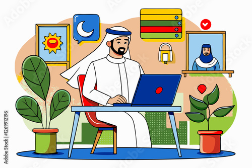 Arab remote worker using a laptop for business and financial tasks