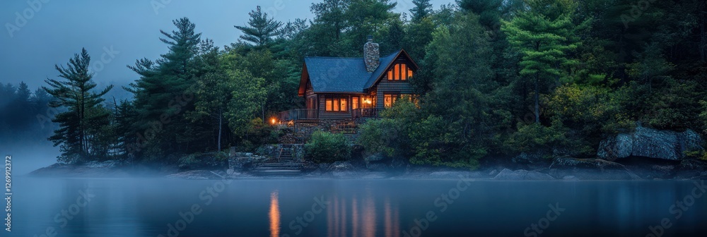 Lakeside Cabin Illuminated at Dusk Among the Trees Lakeside Cabin Illuminated at Dusk Among the Trees