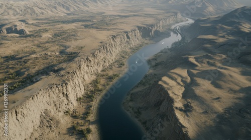 Aerial View of a Majestic River Carving Through a Dramatic Canyon in a Desert Landscape