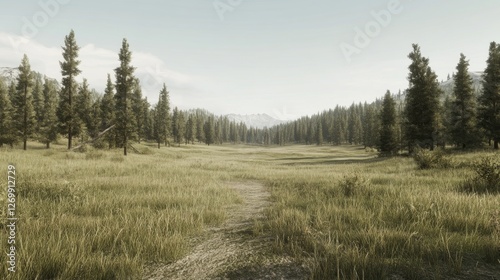 Serene landscape showcasing a wide grassy meadow bordered by tall pine trees under a clear sky