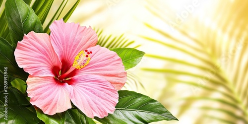 A delicate pink hibiscus blossom surrounded by tropical foliage